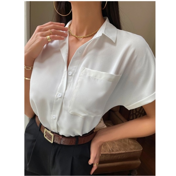 White Casual Button Up / Down Shirt Collar V-Neck Button Front Short Sleeve - Picture 8 of 17